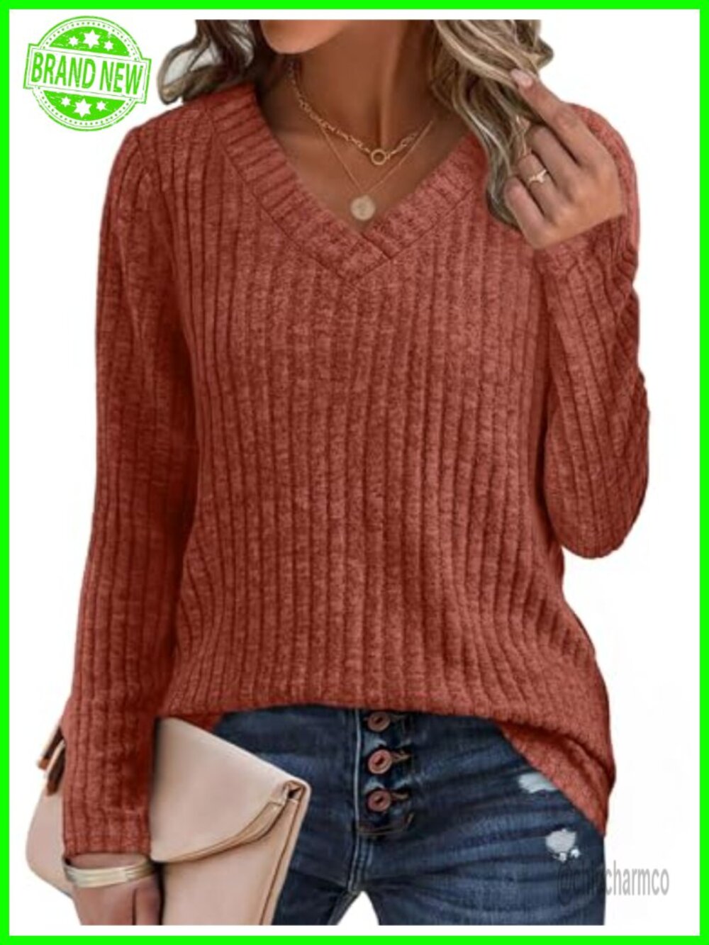Womens V Neck Long Sleeve Sweater Tunic Top Pullover Casual
